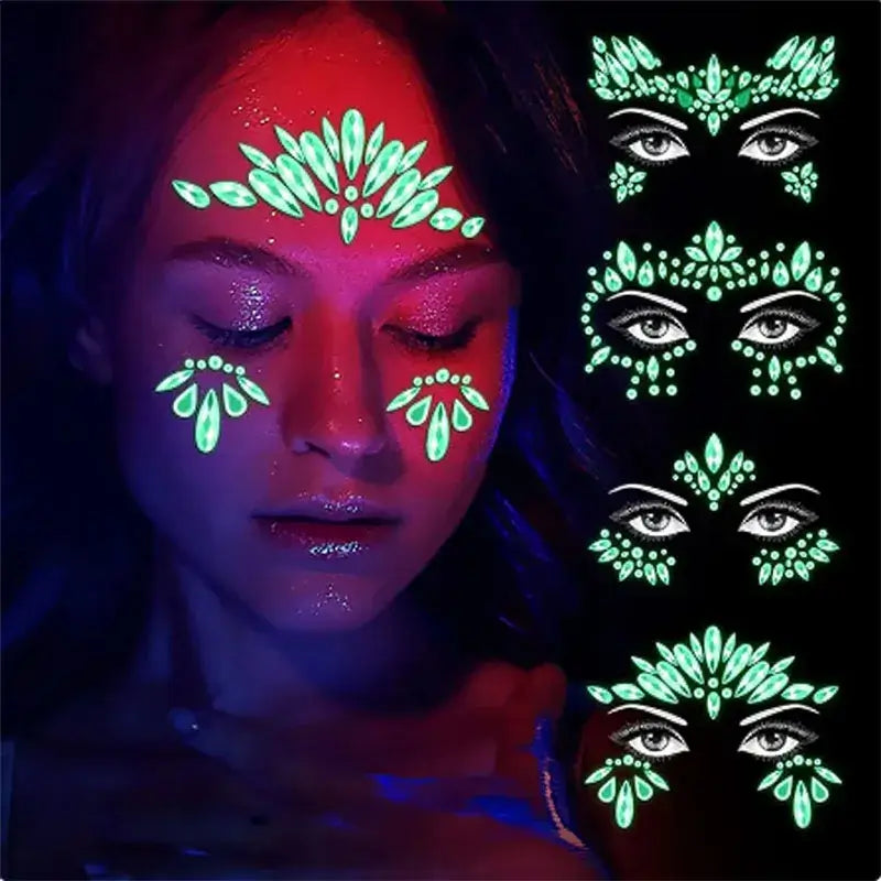 Woman wearing glowing rhinestone face stickers under UV light for festival makeup.