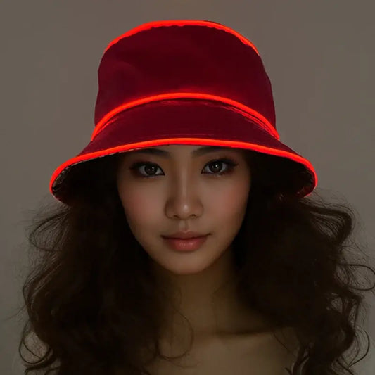 Person wearing a red LED glowing bucket hat, perfect for parties, festivals, and night events. Ideal for fashion-forward, vibrant style.