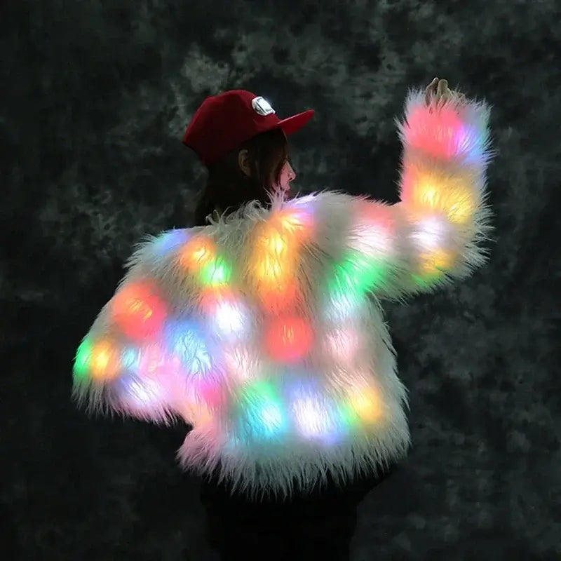 LED multi-color faux fur coat glowing at night, perfect for raves and festivals, featuring cozy hoodie design and vibrant lights.