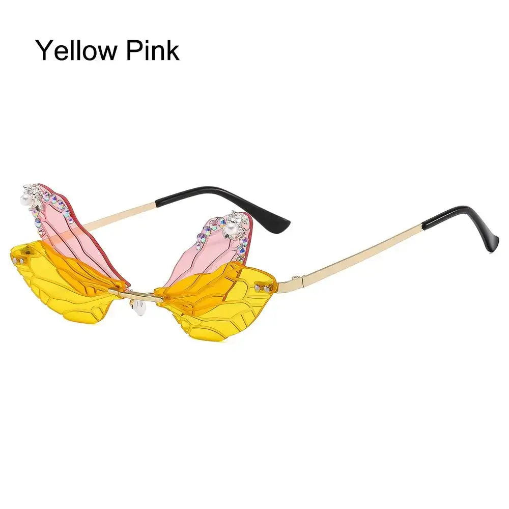 Yellow Pink Dragonfly Wings Sunglasses with Diamond Embellishments, Luxury Irregular Frames for Parties