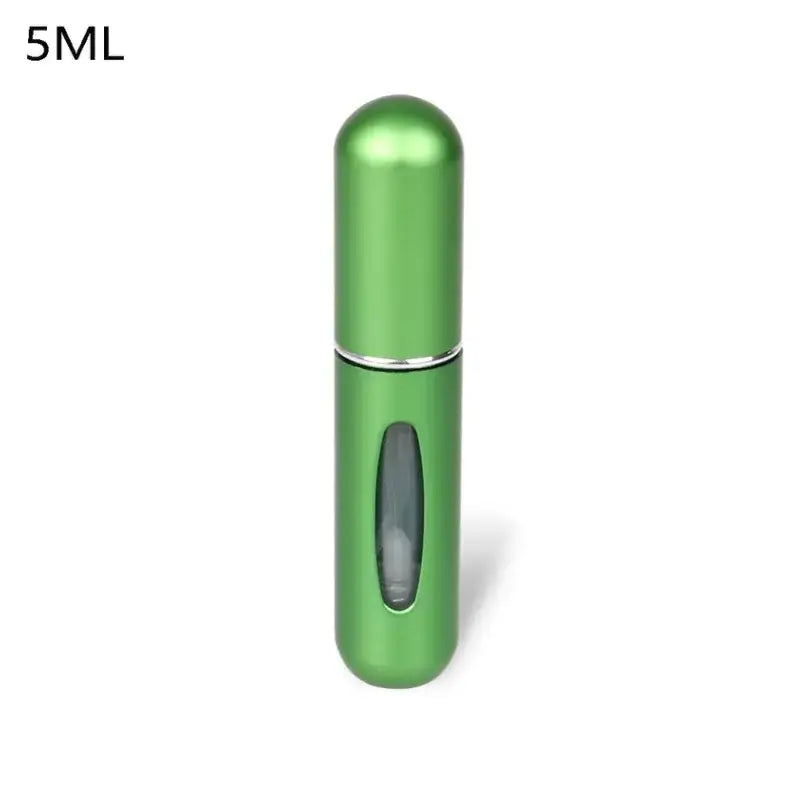 Green 5ml refillable perfume atomizer bottle, compact, portable design for travel and daily use.