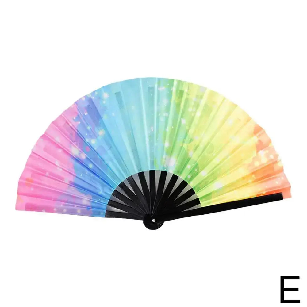 Gradient colorful reflective foldable rave fan, perfect for festivals and parties, crafted with bamboo ribs and quality fabric.