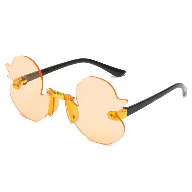 Duck-shaped rimless sunglasses with UV400 lenses for festivals and rave parties, featuring a fun and bold design, durable polycarbonate frame.