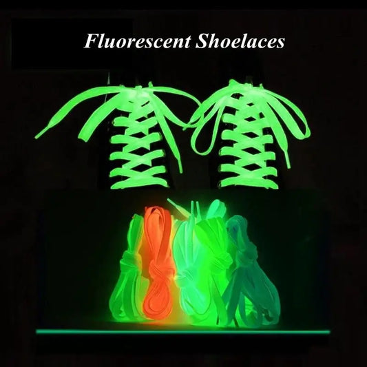 Luminous shoelaces glowing in the dark, showcasing vibrant colors and fluorescent effect for parties and night runs.