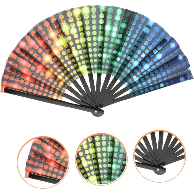 Gradient reflective foldable fan with vibrant colors, perfect for festivals, parties, and dance events, shown in open and folded views.