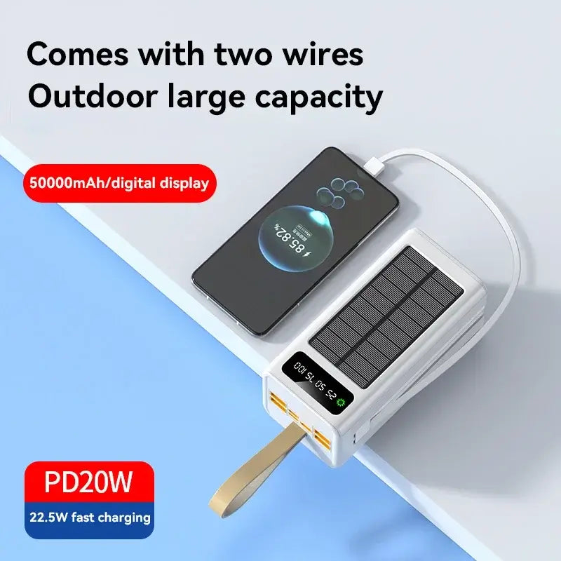 Solar power bank with 50000mAh capacity, digital display, PD20W fast charging, and two built-in cables for outdoor use.