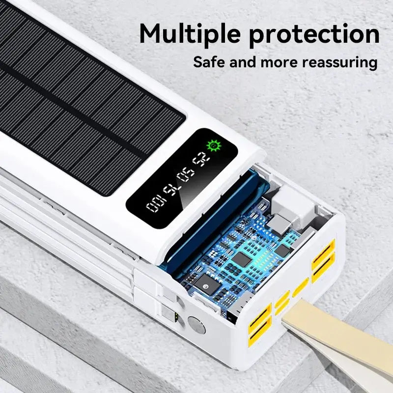 Xiaomi solar power bank open view, highlighting circuit board and multiple USB ports for secure and efficient charging.