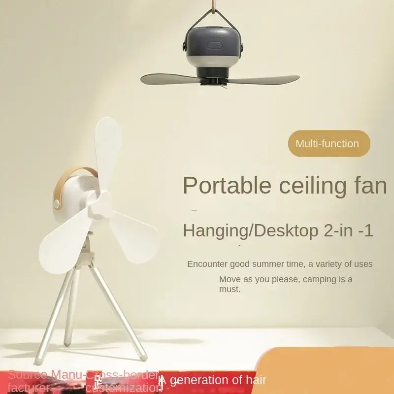 Portable ceiling fan with light, multi-function 2-in-1 design for hanging or desktop use, ideal for home and camping.