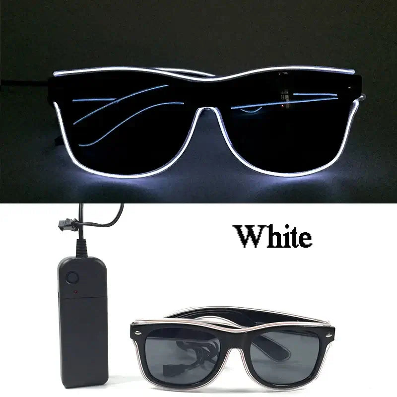 White LED glowing glasses with EL wire design and battery pack, perfect for parties and festive celebrations.