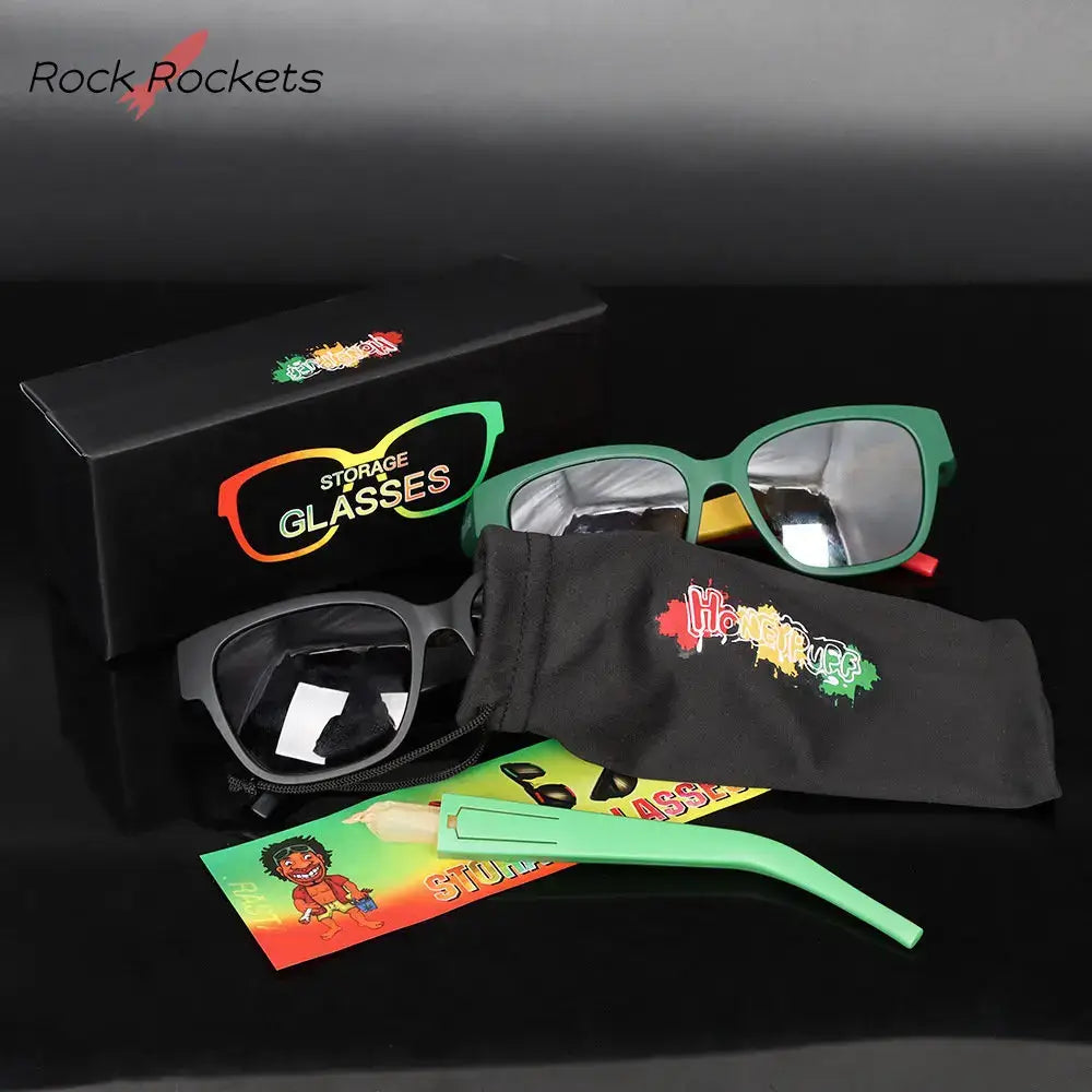 Stylish hidden storage sunglasses with removable holder, box, and pouch for discreet smoking accessory, perfect for festivals and events.