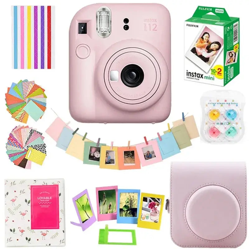 Fujifilm Instax Mini 12 Instant Camera with accessories, including film, case, and colorful photo frames in Blossom Pink.