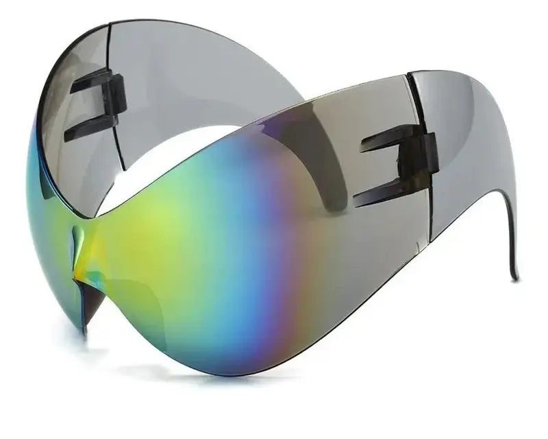 Y2K oversized wrap sunglasses with rainbow-tinted shield design, ideal for festivals and raves, offering UV400 protection.