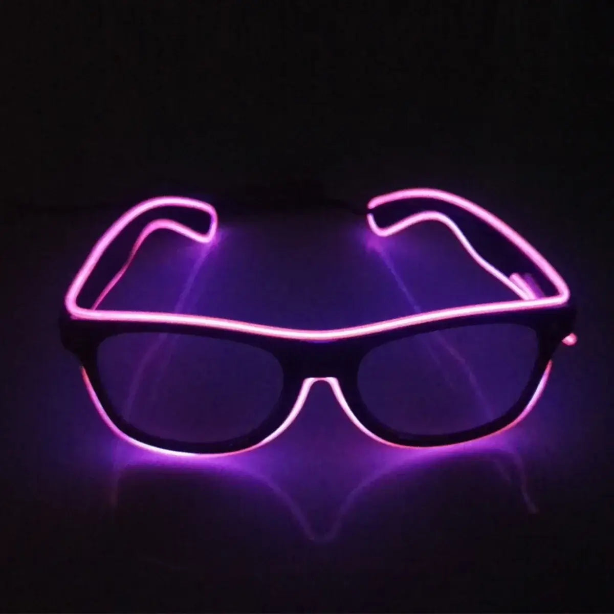 Glowing neon pink LED glasses with EL wire design for parties and celebrations, featuring multiple flashing modes.