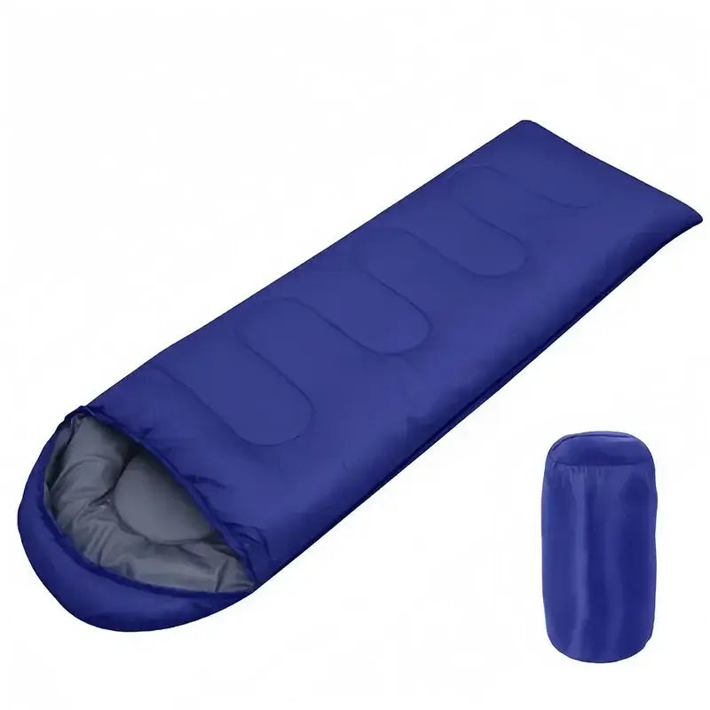 Ultralight waterproof 4-season camping sleeping bag in blue, compact and lightweight design, perfect for hiking and outdoor adventures.