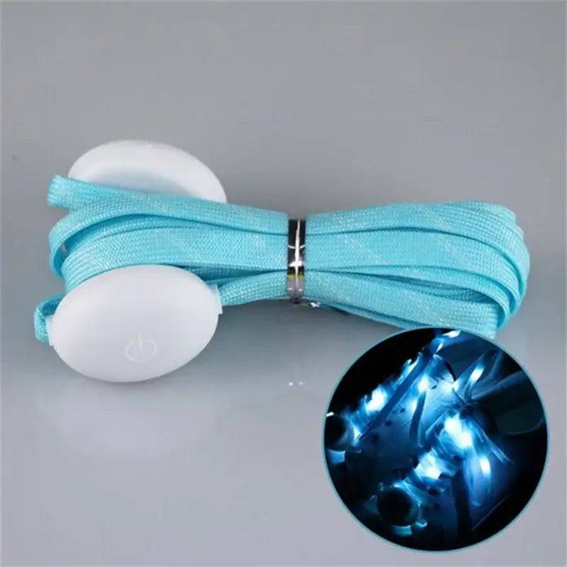 Blue LED light-up shoelaces with glowing effect shown, suitable for all shoes, ideal for parties and night activities.