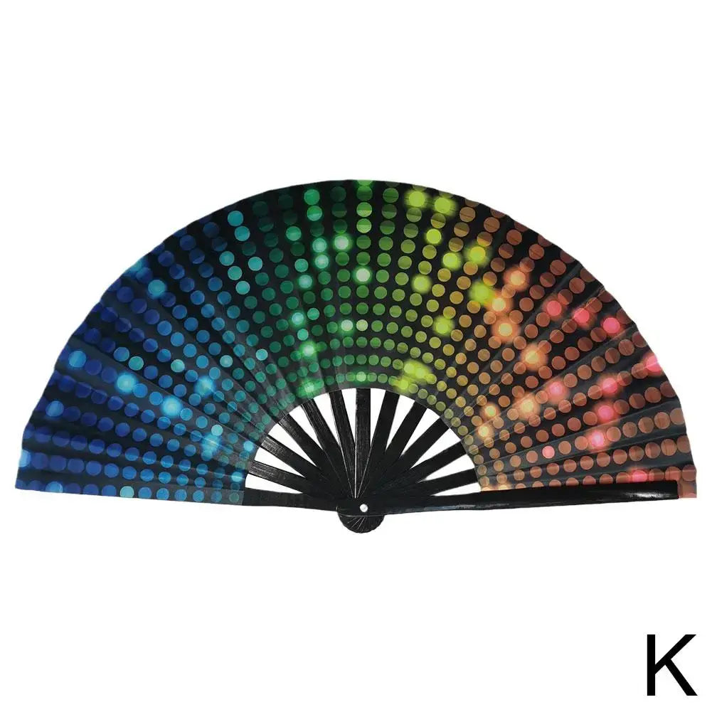 Gradient colorful reflective foldable rave fan, 68cm, perfect for festivals and parties, vibrant design with bamboo ribs.