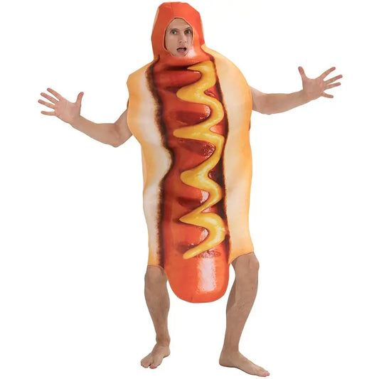 Adult wearing a funny 3D hot dog costume, featuring realistic sausage and bun print, perfect for festivals and events.