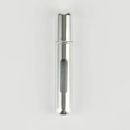 Silver portable refillable perfume atomizer bottle with transparent window, ideal for travel and daily use.