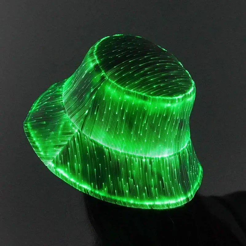 Green LED light-up fiber optic bucket hat glowing in the dark, perfect for raves and festivals.