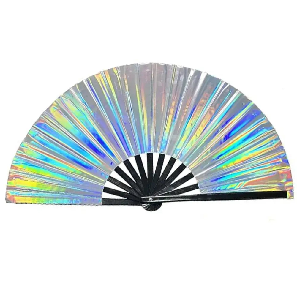 Large laser gradient color kung fu hand fan with PVC and bamboo handle for dance and disco events.