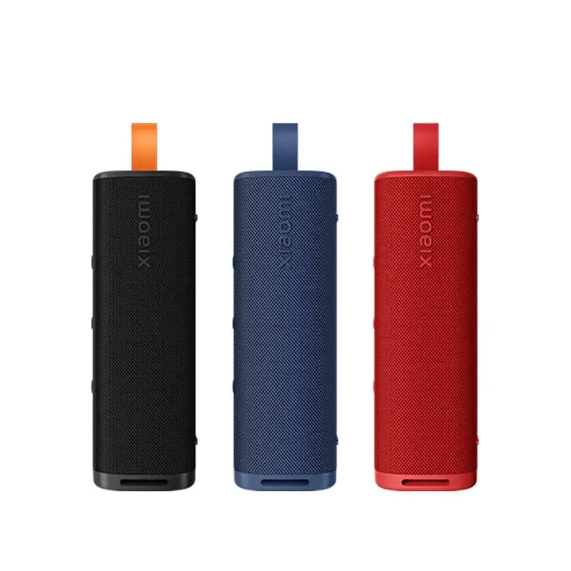 Xiaomi Sound Outdoor 30W Bluetooth Speaker in black, blue, and red colors, ideal for festivals with waterproof design and 12-hour battery.