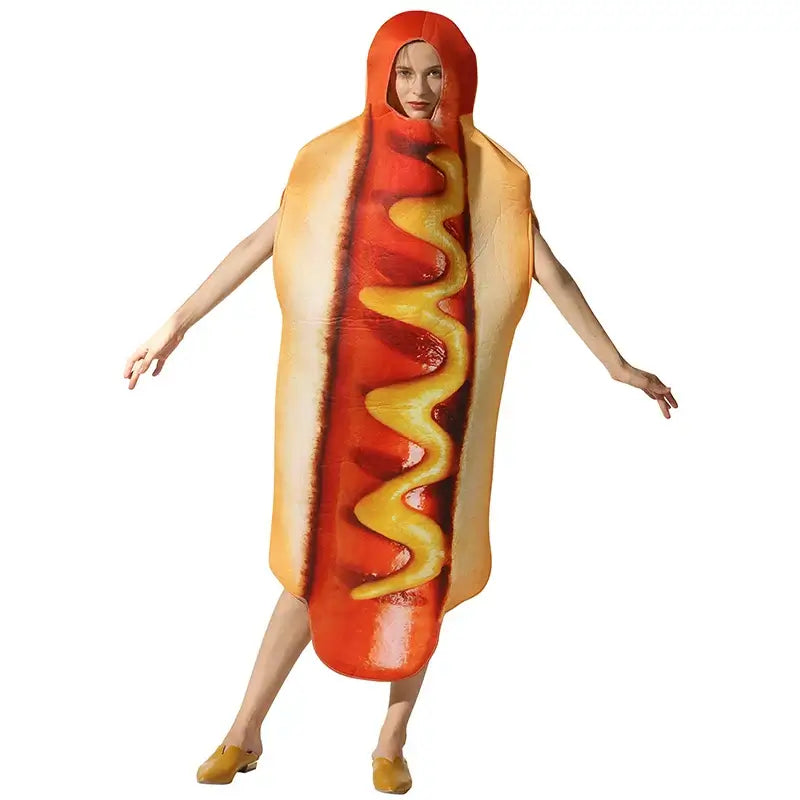 Adult wearing a funny hot dog costume with 3D sausage print, perfect for festivals and events.