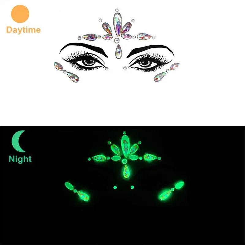 3D glowing rhinestone face stickers shown in daylight and illuminated at night, ideal for festival makeup and party accessories.