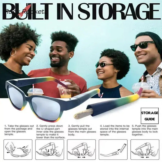 Group of friends wearing hidden storage sunglasses with discreet smoking accessory, featuring removable holder and stylish design.