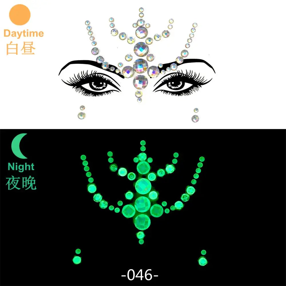 3D glowing rhinestone face stickers in daylight and UV light, featuring luminous face gems for festival makeup accessories.