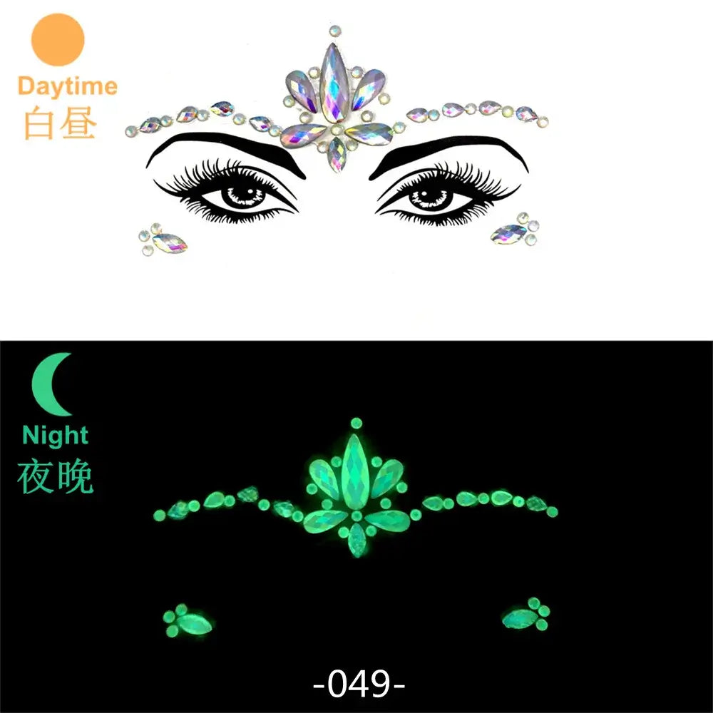 3D glowing rhinestone face stickers in daylight and UV light; perfect for festival makeup and party looks.