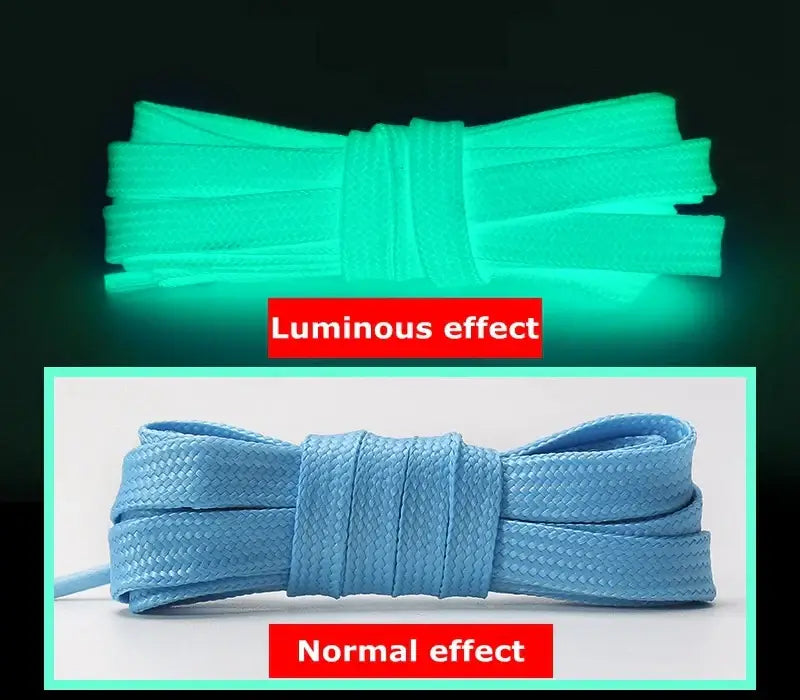 Fluorescent green and blue shoelaces showing luminous and normal effects, ideal for night runs and rave events.