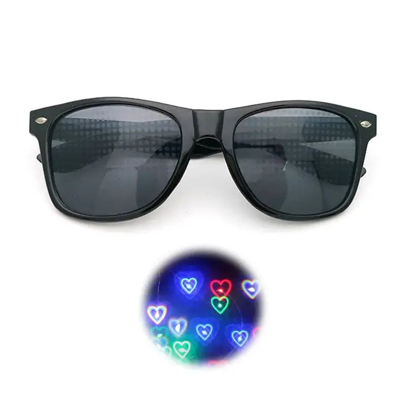 Diffraction sunglasses with heart-shaped light effects for raves and light shows, featuring polarized UV400 protection.