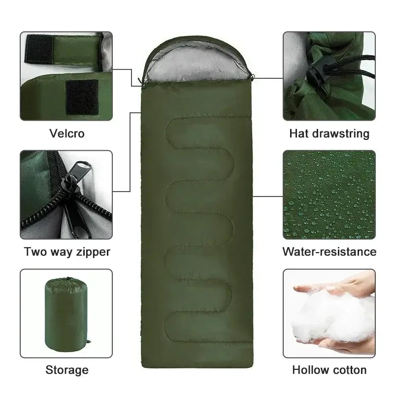 Ultralight waterproof camping sleeping bag features and highlights, including velcro, two-way zipper, and hollow cotton filling.