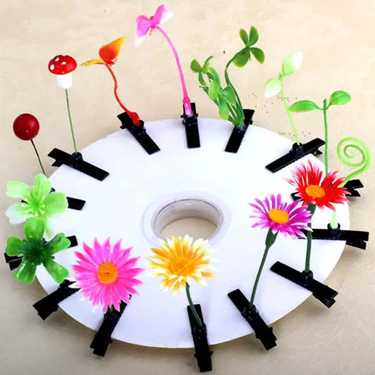 Cute bean sprout and floral hair clips for festivals and raves, featuring mushrooms, flowers, and fun designs on a display wheel.