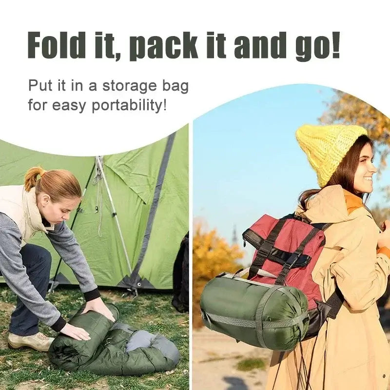 Woman packing waterproof camping sleeping bag for easy portability during outdoor hiking adventure.