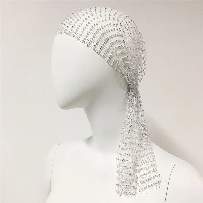 Crystal rhinestone fishnet headscarf turban on mannequin, perfect for hip hop streetwear and festival fashion.