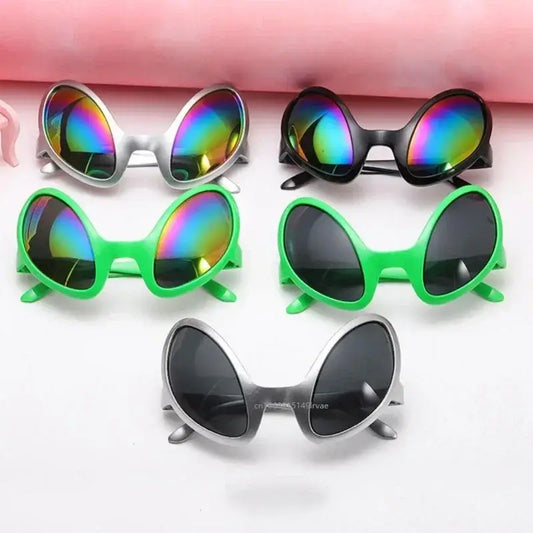 Colorful alien party sunglasses in various designs for festivals, made from eco-friendly materials.