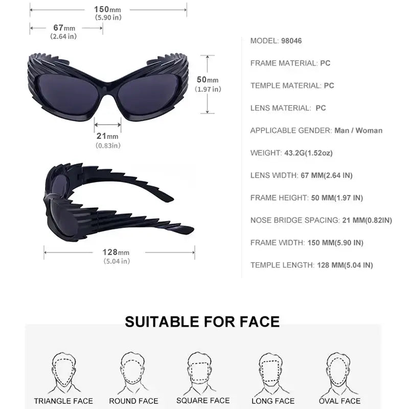 Black Y2K punk sunglasses with dimensions and specifications for men and women, suitable for various face shapes.