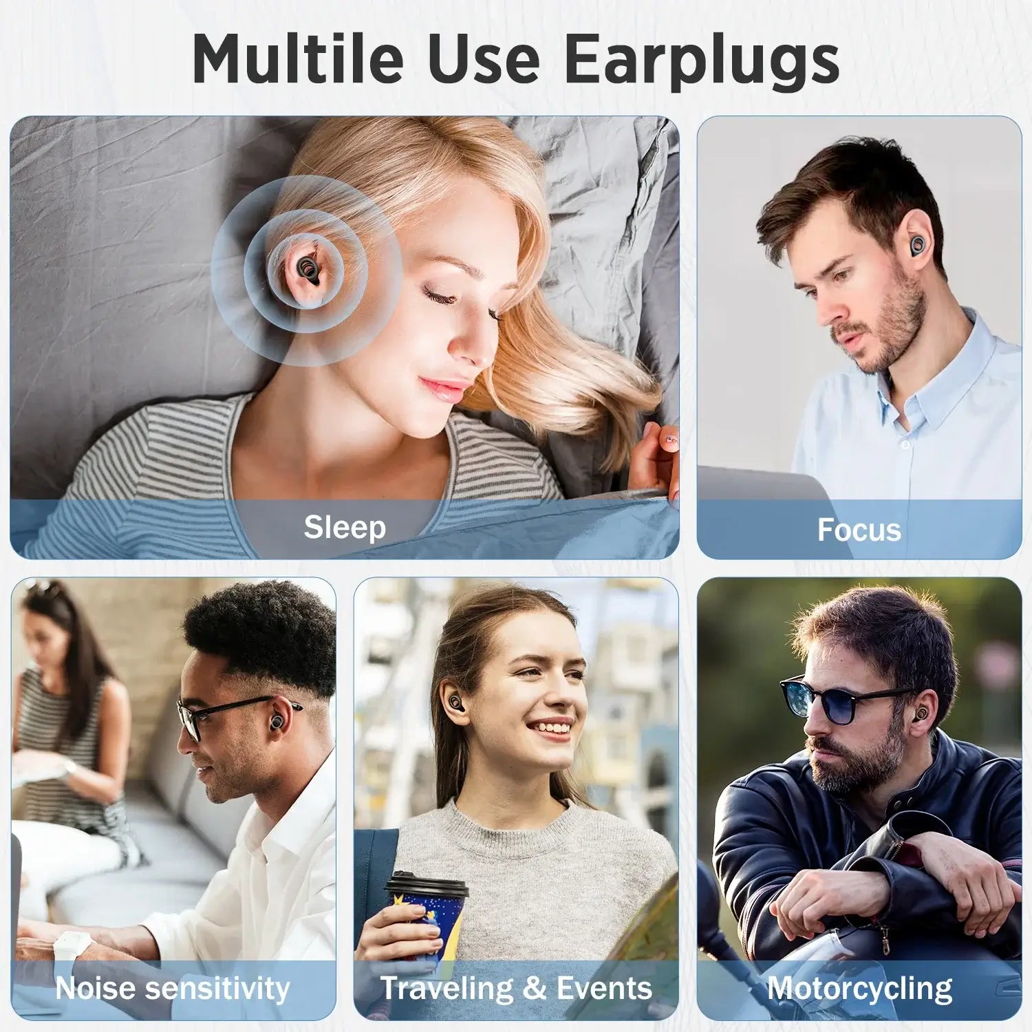 Various uses of waterproof noise reduction earplugs for sleep, focus, traveling, motorcycling, and noise sensitivity.