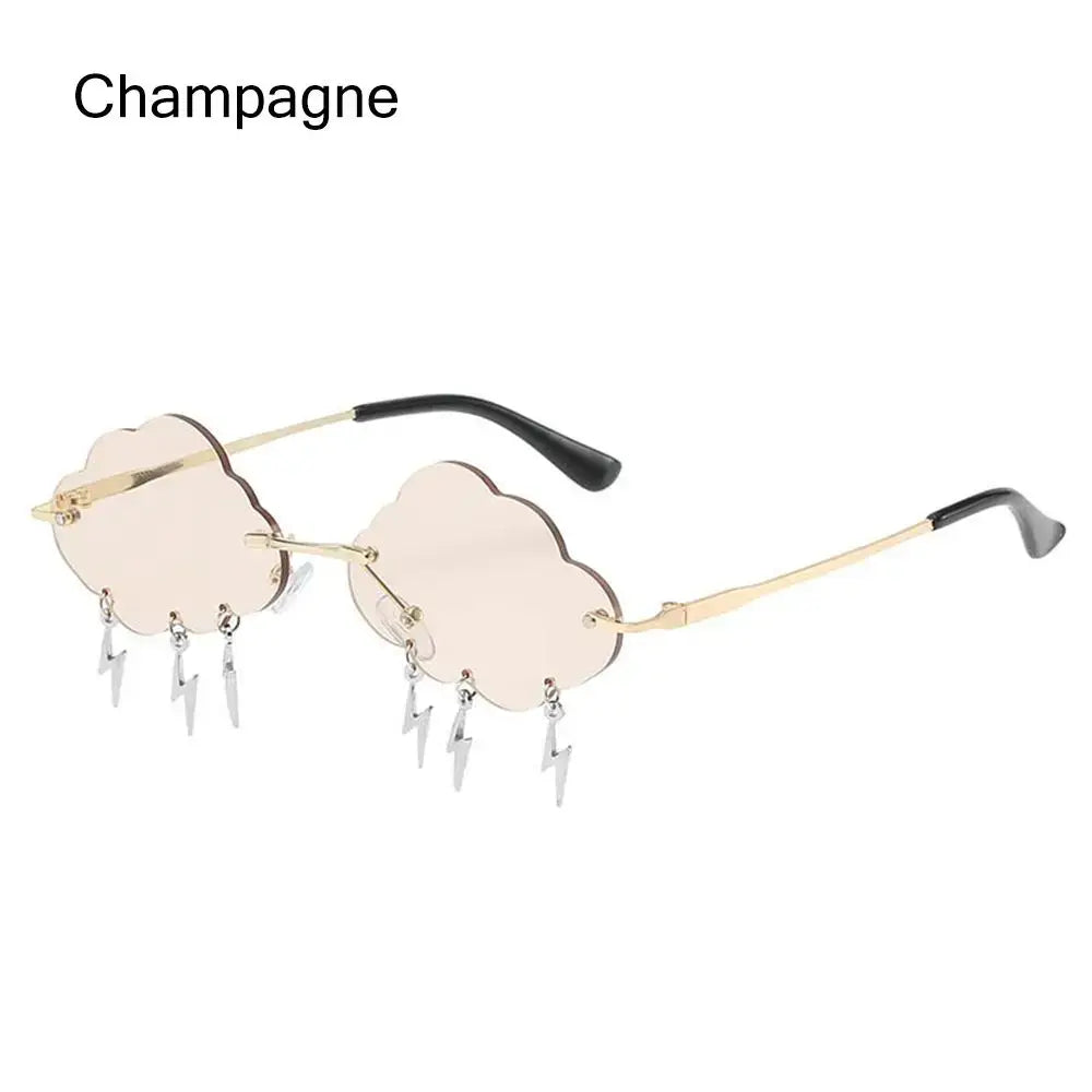 Champagne color retro cloud-shaped sunglasses with lightning charm and rimless design.