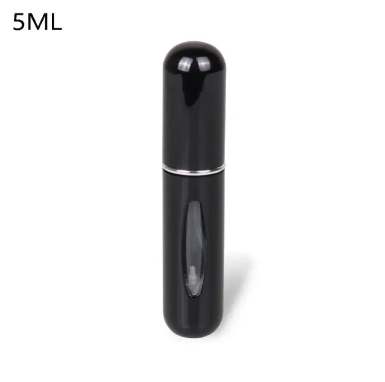 Black 5ml refillable perfume atomizer bottle, compact and portable design for travel use.