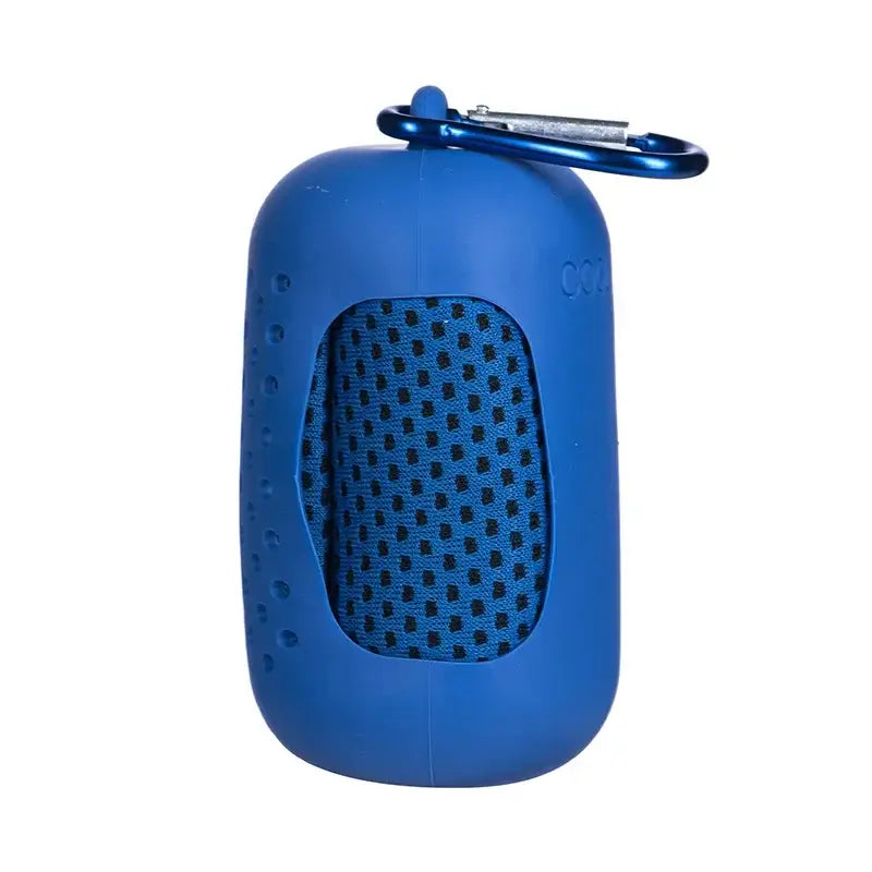 Blue microfiber quick-dry cooling sports towel with carabiner clip for easy travel and efficient moisture absorption.