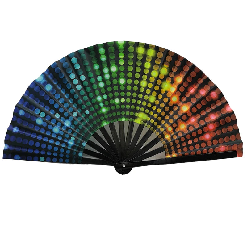 Vibrant gradient reflective foldable handheld fan for festivals and dance, featuring colorful geometric design.