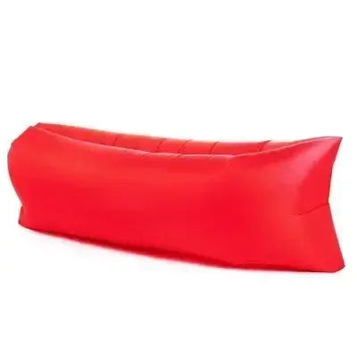 Red inflatable air lounger sofa for outdoor camping, beach, and backyard lounging, featuring ergonomic design and easy inflation.