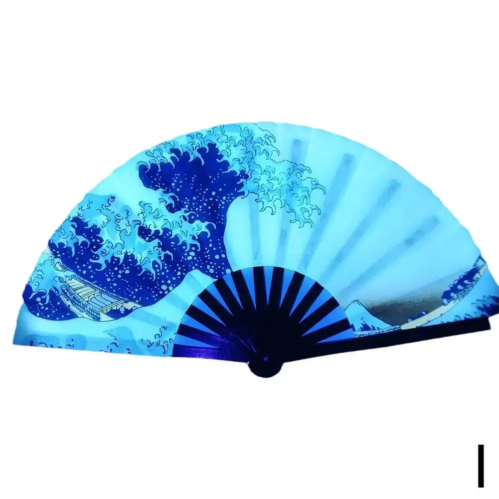 Vibrant blue festival fan with wave design, featuring reflective and foldable features, perfect for parties and rave events.