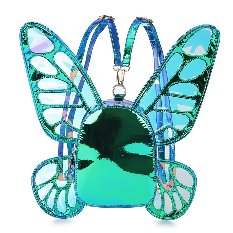 Holographic butterfly wings mini backpack in shiny green finish, perfect for festivals and parties with adjustable straps and reflective design.