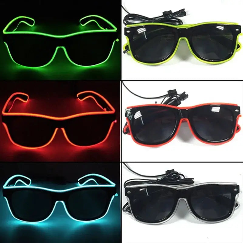 "31 colors rave LED glasses with neon glowing EL wire design in green, red, blue, and black for party and festival decor"