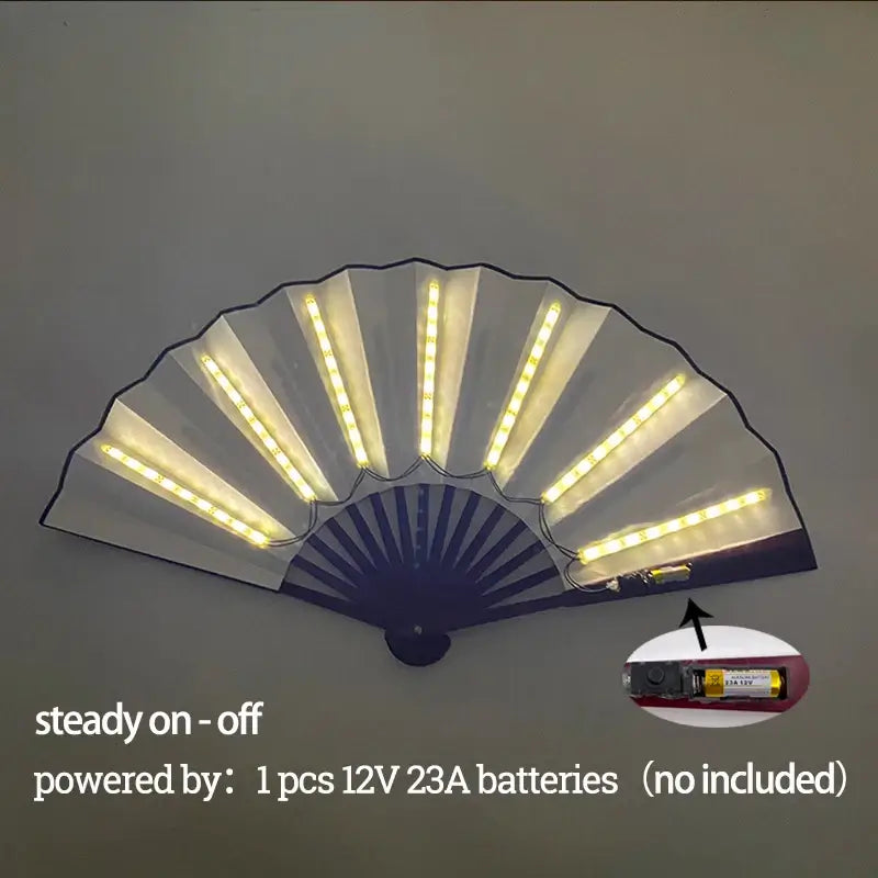 LED glow folding fan with bright light strips, powered by 1pcs 12V 23A battery, perfect for dance and stage performances.