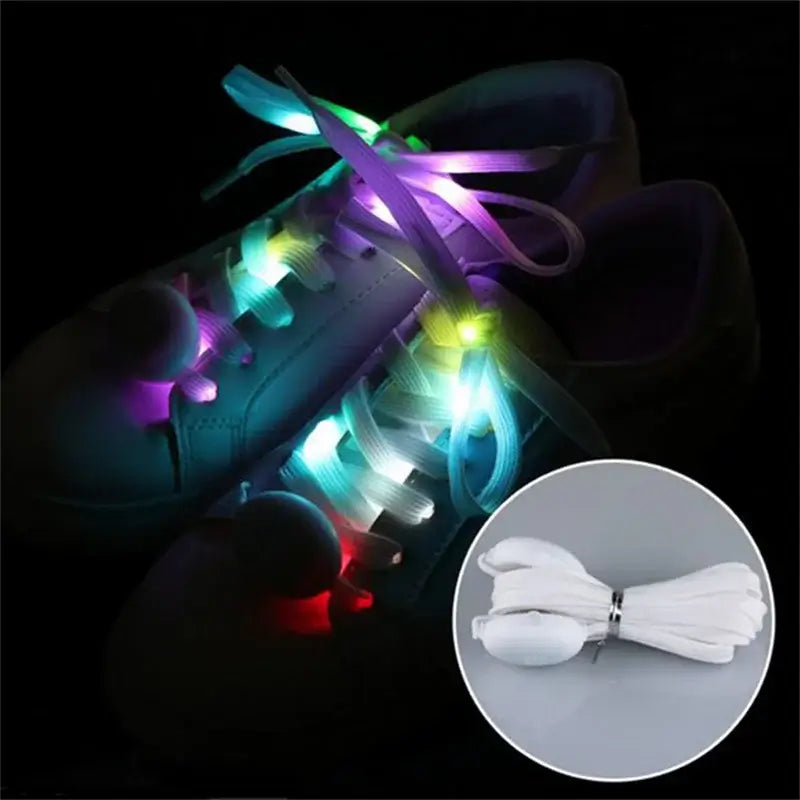 LED light-up shoelaces in 7 colors glowing on sneakers, highlighting vibrant illumination ideal for parties, concerts, and night runs.