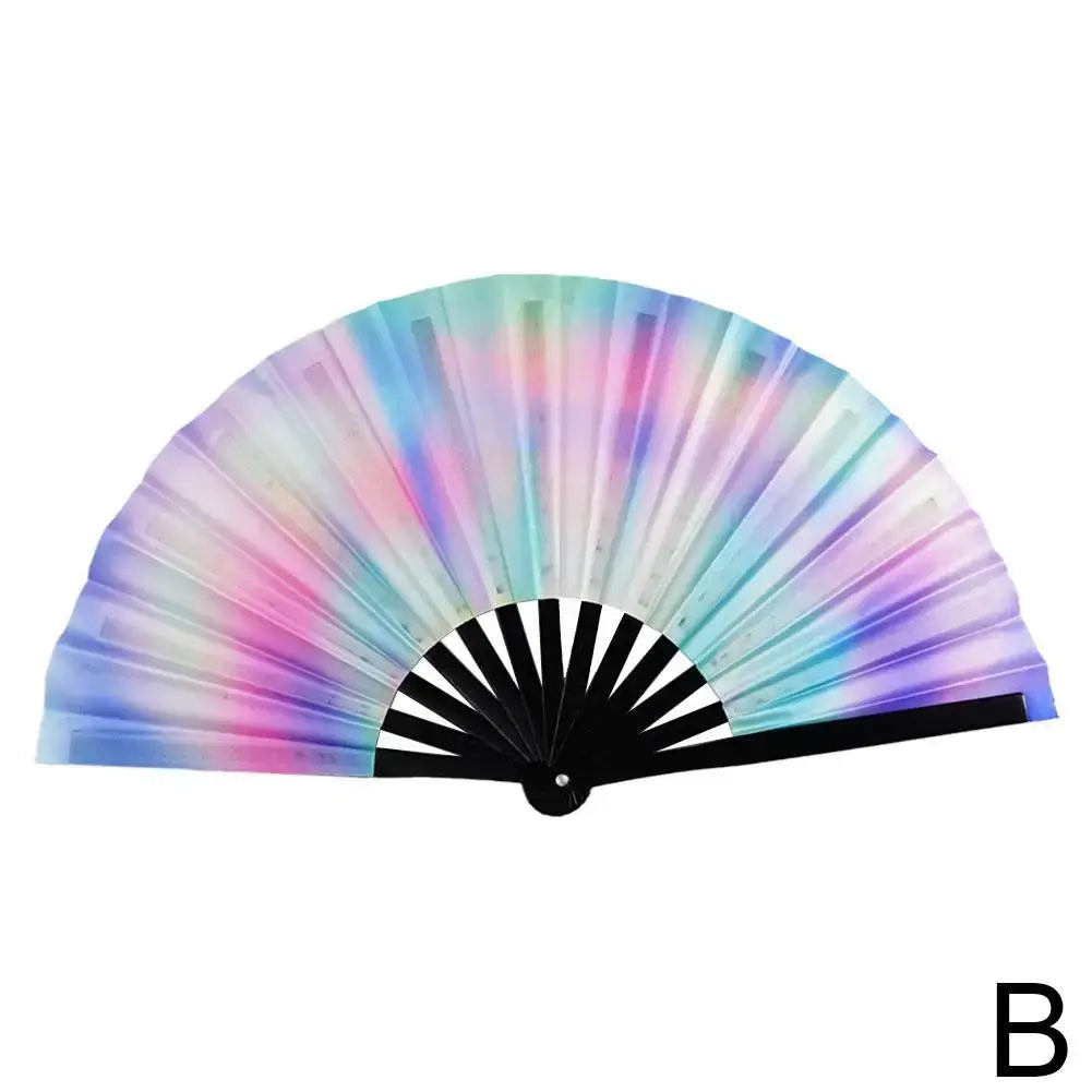 Gradient colorful reflective foldable rave fan with bamboo ribs, ideal for festivals and parties, shown in vibrant rainbow hues.